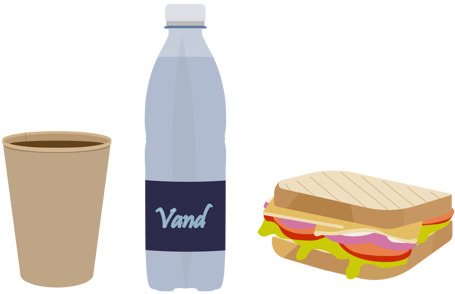 Kaffe, vand og sandwich